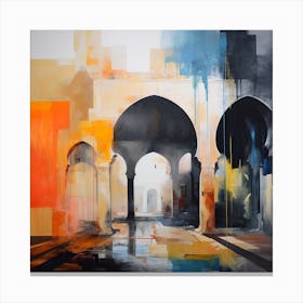Abstract Contemporary Art Print - Orange & Blue Archways With Reflection In Water Canvas Print