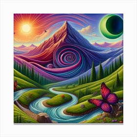 Mountain With Spiral Moon Sun Butterfly 2 Canvas Print