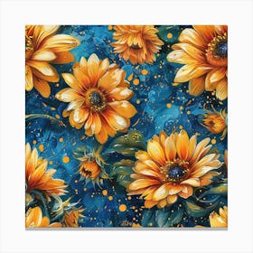 Yellow Sunflowers On Blue Background Canvas Print