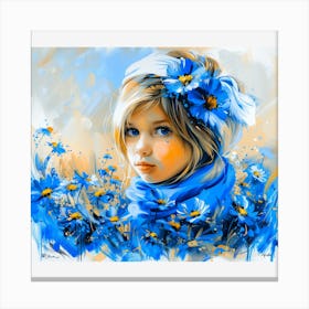 Little Girl With Blue Flowers Canvas Print