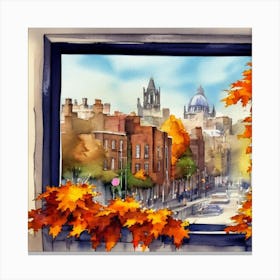 Autumn View From A Window Window View Of Dublin Ireland In Autumn Fall, Watercolor Art Print Canvas Print