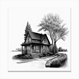 Black And White House Painting,Freehand_pencil_deep_black_outline_drawing_of_a_home 1 Canvas Print