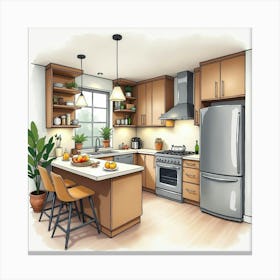 Artistic Kitchen In Watercolor, Cozy And Modern Appeal 1 Canvas Print