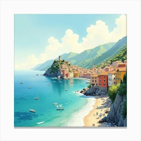 Picturesque Watercolor View Of An Italian Coastal Town With Sunlit Shores 1 Canvas Print