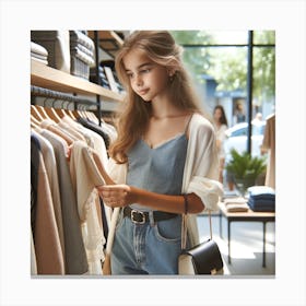 Savy Young Gen Alpha Girl Shopping in a Clothing Store Canvas Print