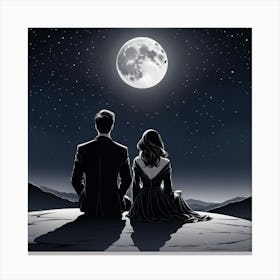 Moonlight In The Sky, A Single Elegant Line Drawing Of A Men And Woman Art Of Sitting To Gather Alone Back Side Canvas Print