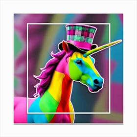 A Neon Unicorn With A Plaid Top Hat, Inspired By The Pop Art Style Of Roy Lichtenstein, In A Neon Rainbow Color Scheme, With The Unicorn In Sharp Focus And The Background Blurred, Framed With A Minimalist Outline 2 Canvas Print