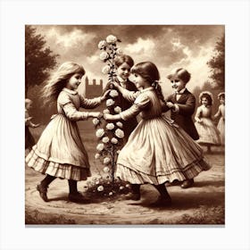 Victorian Children At Play - in sepia 3/4 Canvas Print