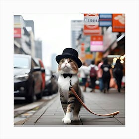 A Cat Walking On A Leash Down A Busy Street While Wearing A Top Hat And Looking Very Pleased With Itself 2 Canvas Print