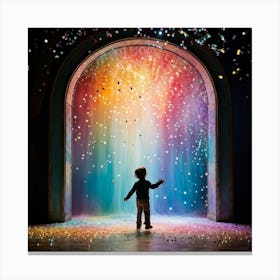 Child Figure Silhouette At The Center Of A Polychrome Portal Whimsical Particles And Vibrant Powder Canvas Print