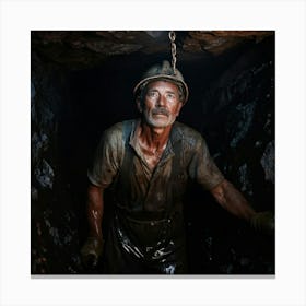 Old Miner With A Grimy Face Emerges From A Coal Shaft Faint Light Reveals A Rugged Visage Coal Dus Canvas Print