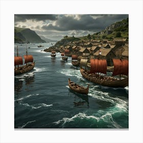Viking Ships In The Sea Canvas Print