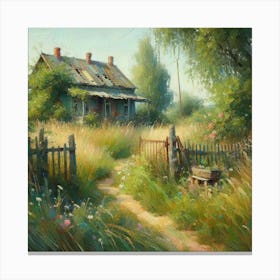 Old House And The Path Among The Grass In The Countryside, Acrylic Painting Style Canvas Print