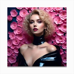 Blond Woman In Black Leather Dress Posing With Pink Roses Canvas Print