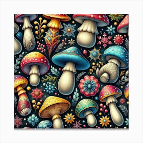 Seamless Pattern With Mushrooms And Flowers Canvas Print