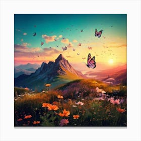 Firefly Mountain, Scenery, Nature, Sunrise, Butterfly, Wings, Paintbrush, Paints, Scattered, Small L (3) Canvas Print