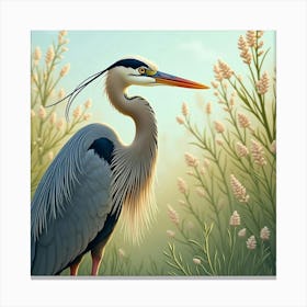 Heron By Blooming Reeds 1 Canvas Print