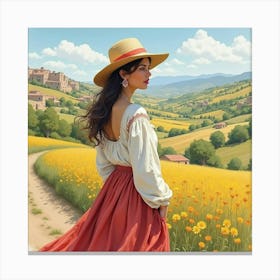 Spanish Woman In A Picturesque Landscape, Watercolor With Serene Colors 1 Canvas Print