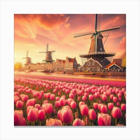 Amsterdam S Iconic Windmills Standing Tall Amidst Vibrant Tulip Fields, Style Dutch Golden Age 2 Canvas Print
