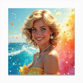 Radiant Princess Diana In Front Of Vibrant Rainbow Watercolor Waves Canvas Print