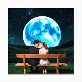 Couple Sitting On Bench With Moon 1 Canvas Print