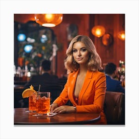 Blond Woman In Orange Dress At Bar Canvas Print