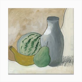 still life kitchen food watermelone banana pear vase grey beige Canvas Print