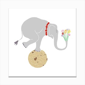 Elephant Balancing On Cookie With Flowers, Fun Circus Animal, Cake, Biscuit, Sweet Treat Print, Square Canvas Print