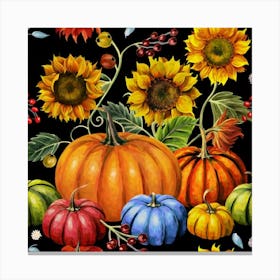 Autumn harvest of pumpkins, berries and sunflowers Colorful pumpkins and pumpkin harvest 4 Canvas Print