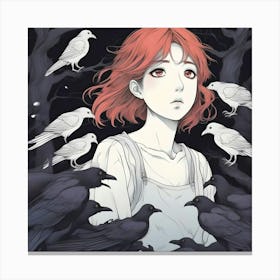 Manga Girl and Crows Canvas Print