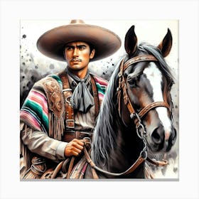 Mexican Cowboy In Poncho On A Horse Color Drawing 1 Canvas Print