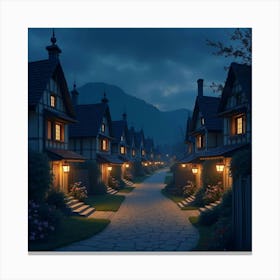 Charming Village Scene With Soft, Glowing Lanterns At Night 1 Canvas Print