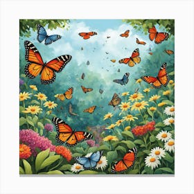 Butterflies In The Garden, A Butterfly Garden With Various Species art print 1 Canvas Print