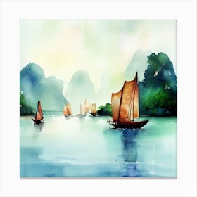 Watercolor Boats In The Water, Hạ Long Bay 1 Canvas Print