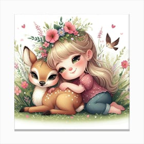 Cute Little Girl And Deer Canvas Print