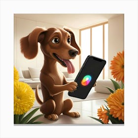 A Curious Brown Dog With Floppy Ears And A Wagging Tail, Its Tongue Lolling Out Of Its Mouth, Holds A Sleek Black Smartphone In Its Paw, Its Eyes Fixed Intently On The Screen Canvas Print