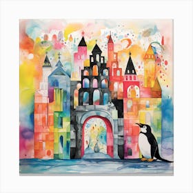 Penguin In Front Of Castle Canvas Print