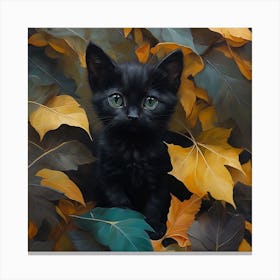 Black Kitten In Autumn Leaves 7 Canvas Print