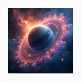 Watercolor Glowing Rings Surrounding A Planet With Colorful Nebulae Nearby 1 Canvas Print