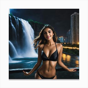 Beautiful Woman In Bittkini Standing In Front Of Waterfall Canvas Print