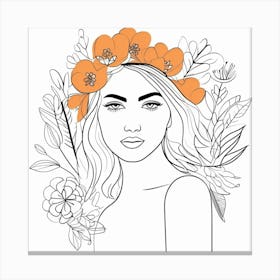 line art Portrait Of A Woman With Flower head crown Canvas Print