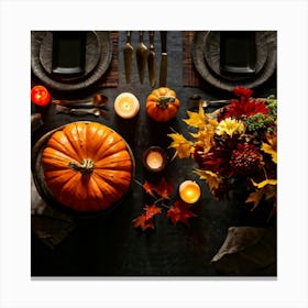 Autumnal Table Setting Cradling A Half Carved Roasted Pumpkin Candlelight Flickering Within Casting (7) Canvas Print