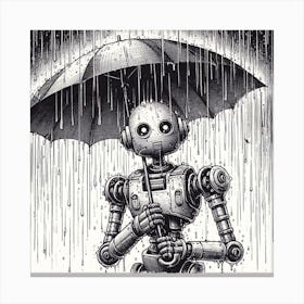 Robot Holding An Umbrella In The Rain, Ink Drawing Canvas Print