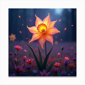 A Radiant Daffodil With Petals Of Flowing, Neon Ribbons In A Surreal, Twilight Meadow Canvas Print