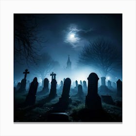 Cemetery Scene On A Halloween Night With Fog And Ghostly Silhouettes Against The Night Sky Haunted (1) 2 Canvas Print