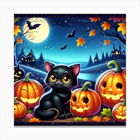 Halloween Black Cat Pumpkins Canvas Print