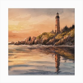 Serene Sunset A Captivating Watercolor Of A Coastal Lighthouse And Tranquil Ocean (4) Canvas Print