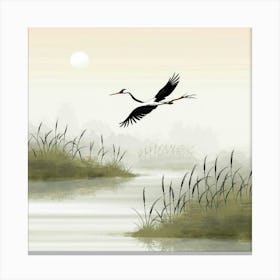 Crane Flying Over Reeds Canvas Print