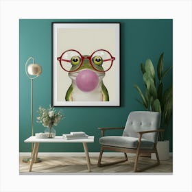 Frog With Big Bubblegum And Glasses Animal Art 5 Canvas Print