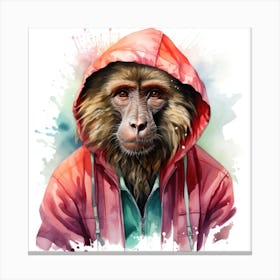 Watercolour Cartoon Baboon In A Hoodie Canvas Print